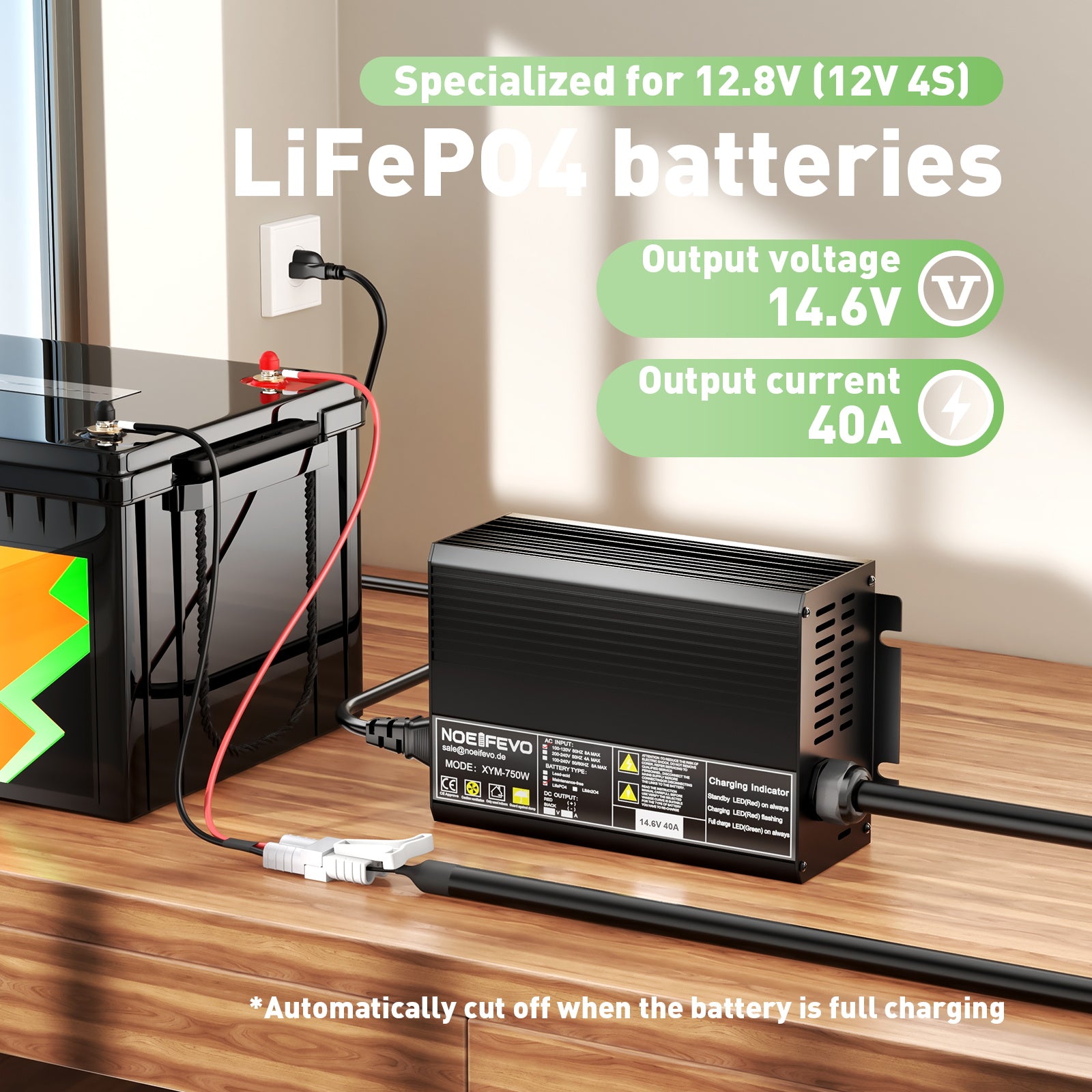 Noeifevo 14.6V 40A LiFePO4 battery charger for 12V 12.8V LFP battery