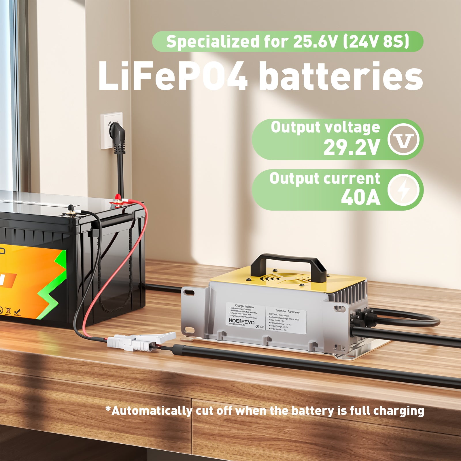 NOEIFEVO 29.2V 40A Waterproof charger for 24V 25.6V Lithium iron phosphate battery,0V Activation function