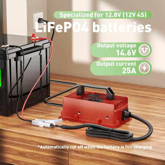 Noeifevo 12V LiFePO4 battery charger , 14.6V 25A Waterproof Charger for  12V 12.8V LFP battery