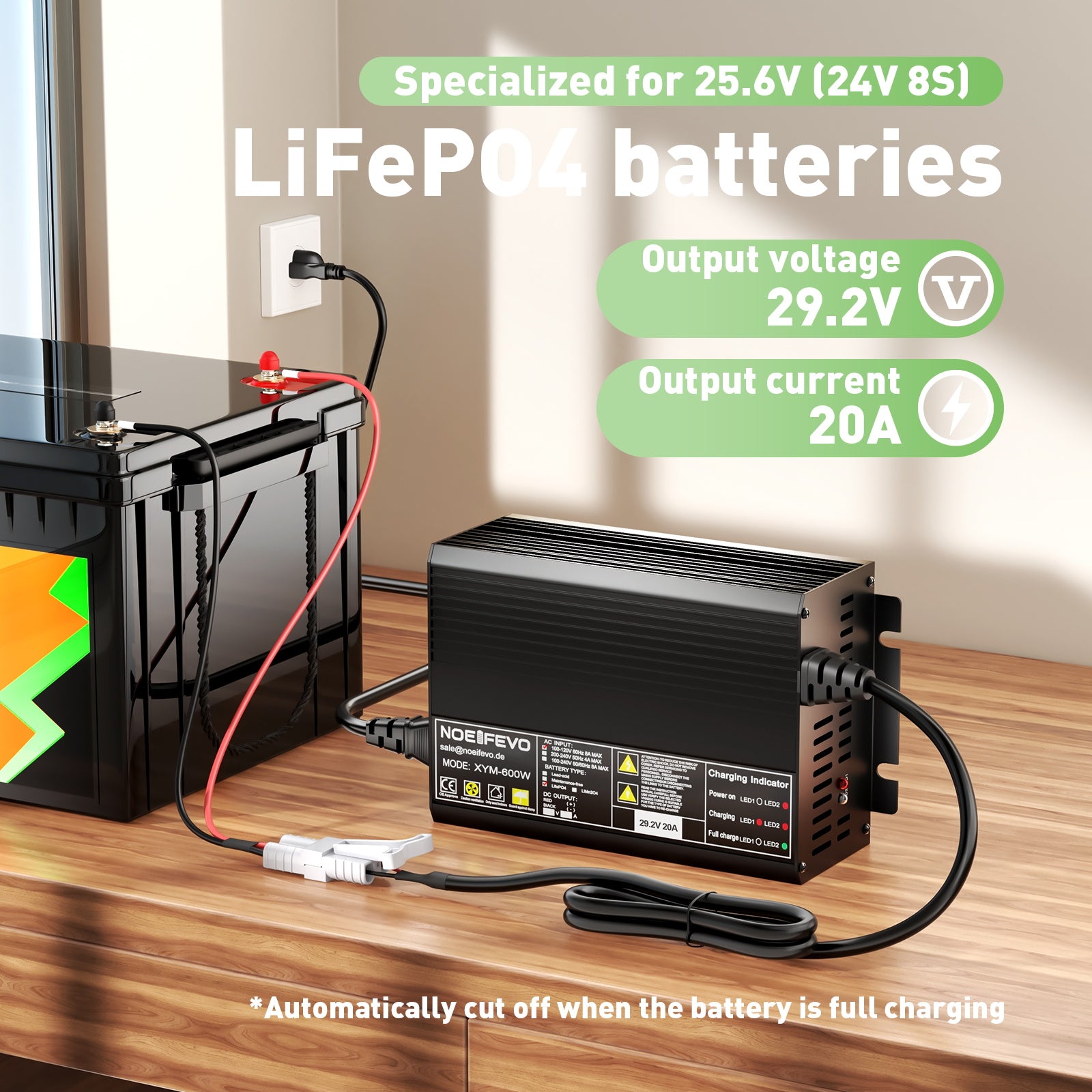 NOEIFEVO 29.2V 20A LiFePO4 battery charger For 24V 25.6V 8S LFP battery
