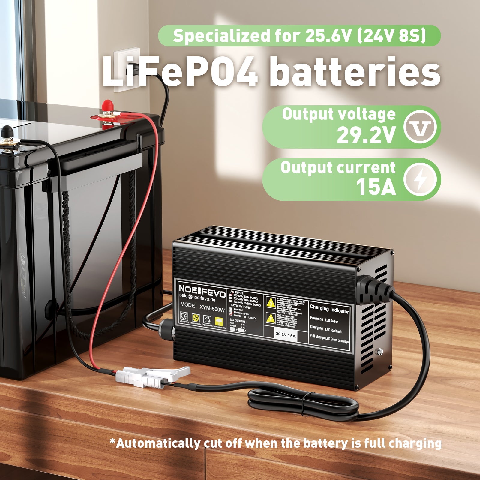 NOEIFEVO 29.2V 15A LiFePO4 battery charger For 24V 25.6V 8S LFP battery