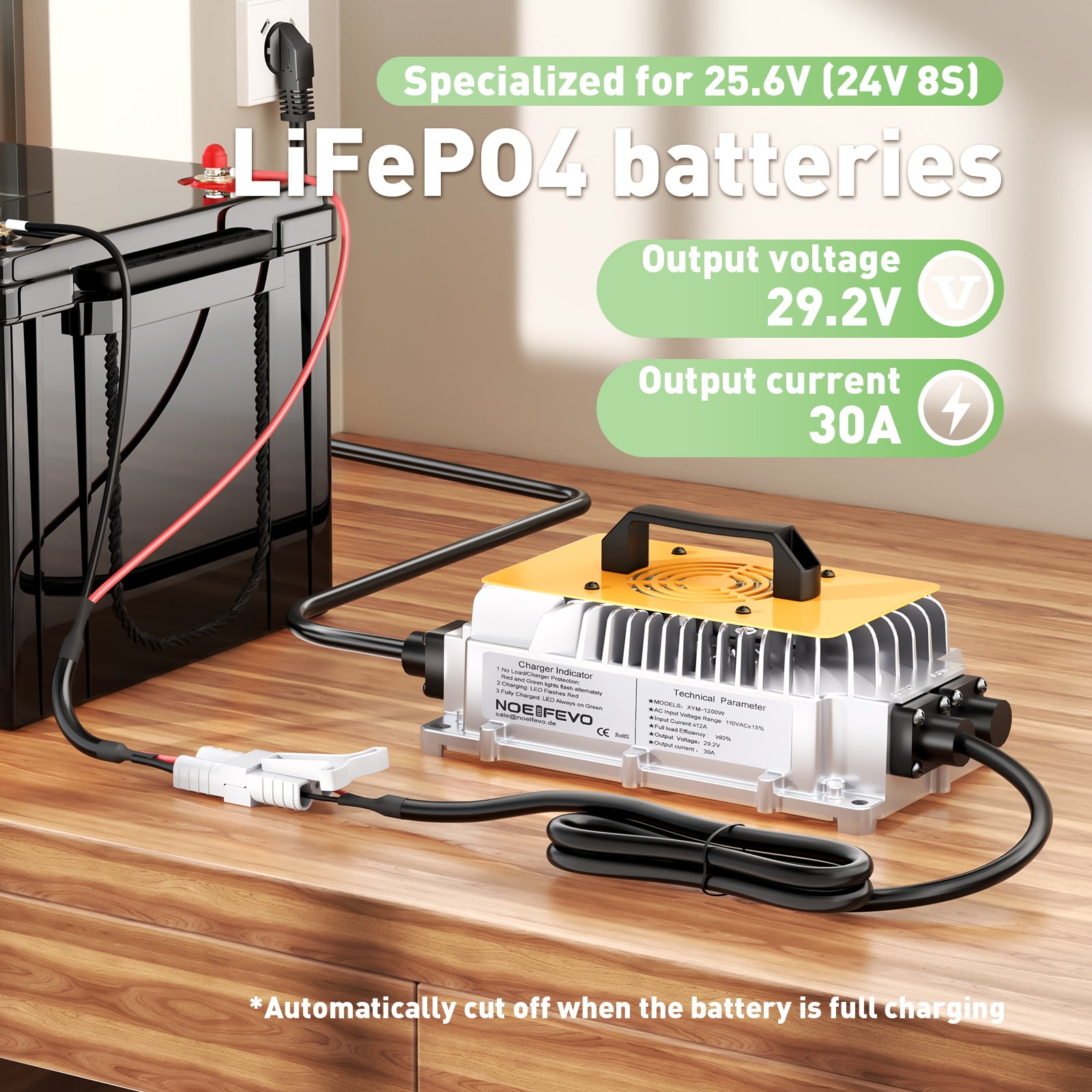 NOEIFEVO 24V LiFePO4 battery charger, 29.2V 30A Waterproof charger for Lithium iron phosphate battery