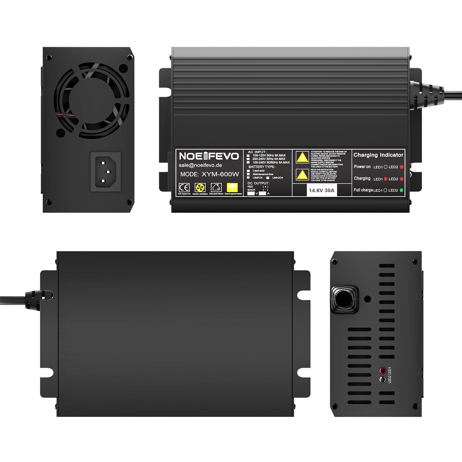 Noeifevo 14.6V 30A LiFePO4 battery charger for 12V 12.8V LFP battery