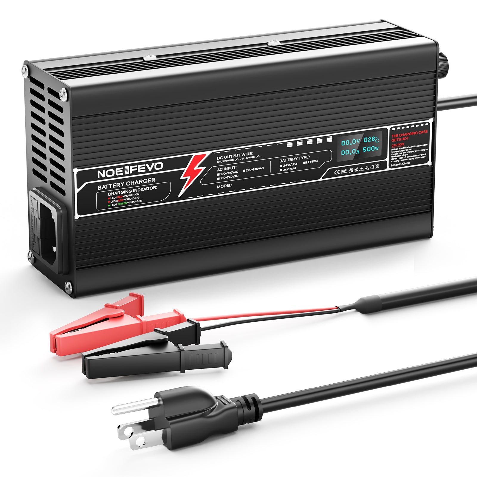 NOEIFEVO 33.6V 15A Lithium Battery Charger For 29.6V 8S Li-ion Lipo Battery, Automatic Cut Off, aluminum housing, LCD screen