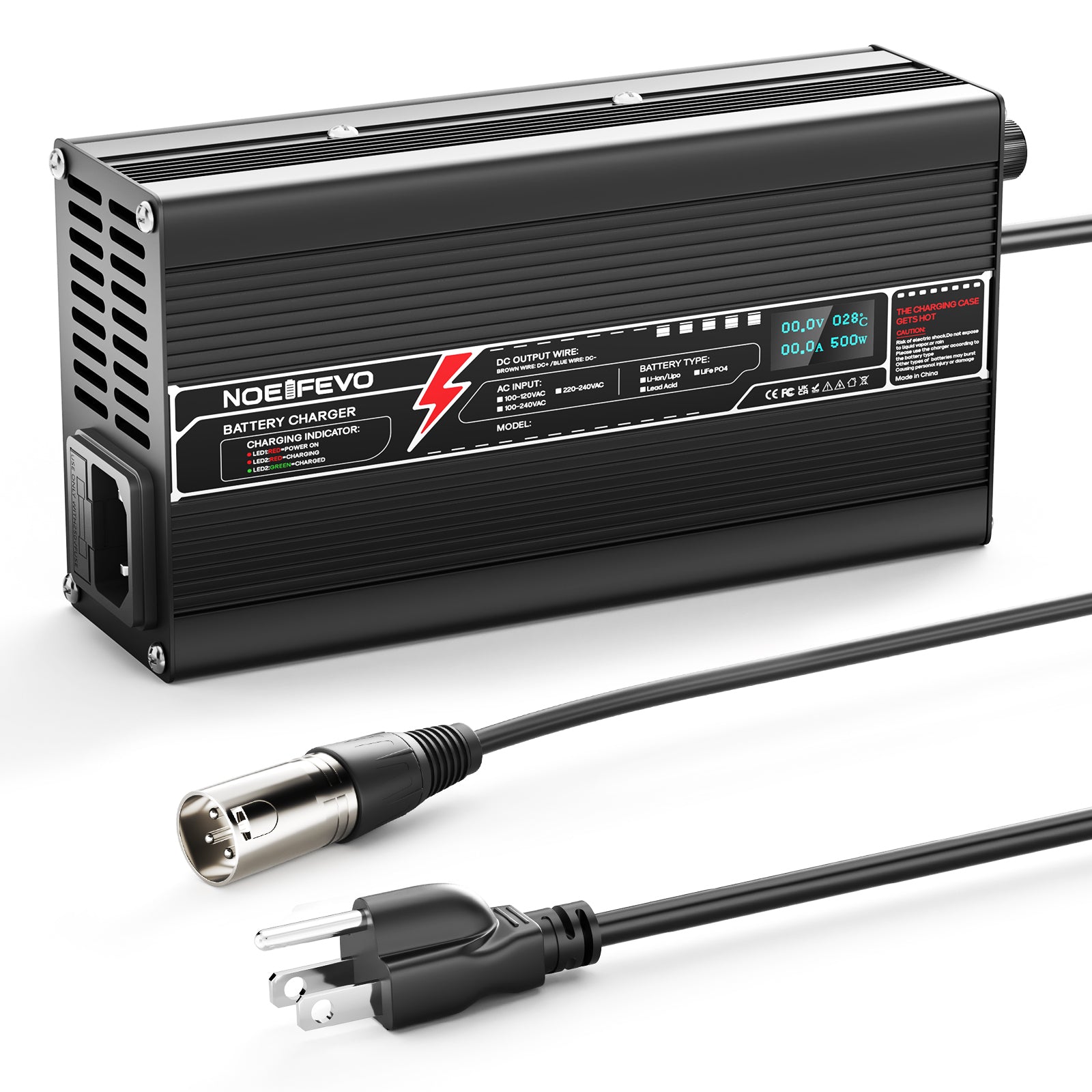 NOEIFEVO 64V(60V) 6Amp Lithium LiFePO4 Battery Charger, Charging Voltage 73Volt, with fan, aluminum housing, LCD screen