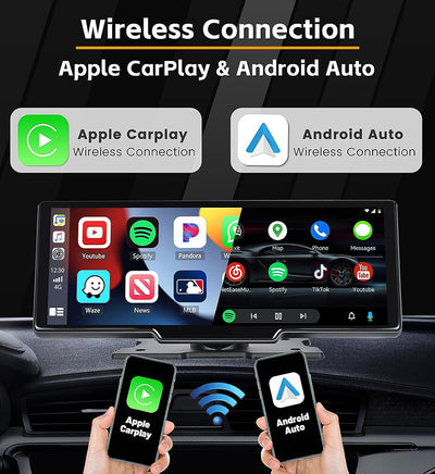 Portable Carplay Screen for Car, 10.26’’ Car Stereo Wireless Car Play & Android Auto Touch Screen, 4K Dash Cam, 1080P Backup Camera, Mirror Link/Voice Control/Music Play/GPS Navigation